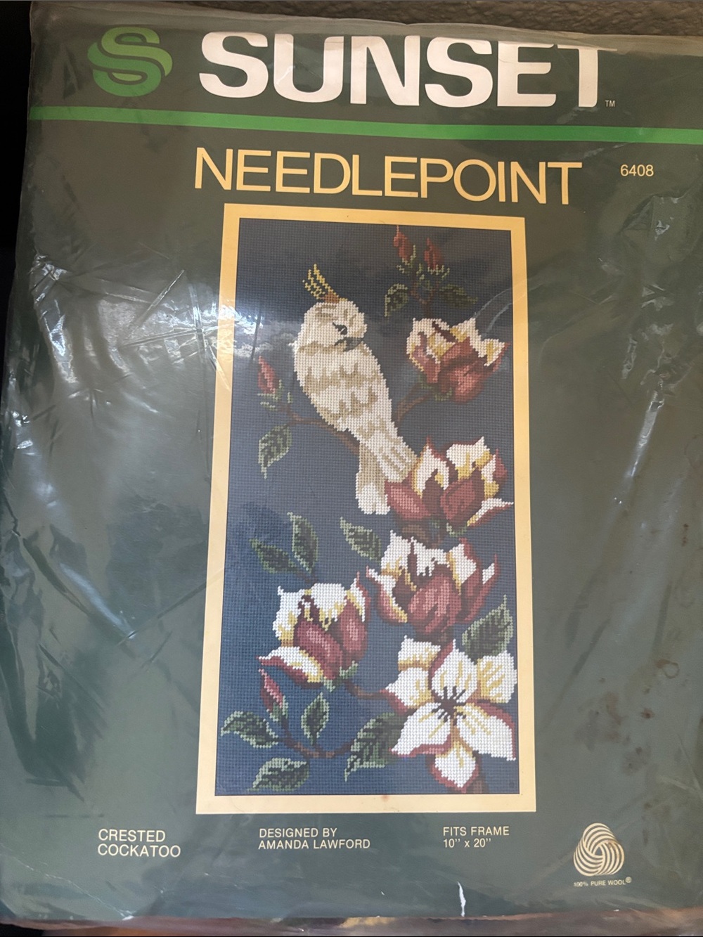 Sunset Needlepoint Kit - Cream Crested Cockatoo with Burgundy Floral